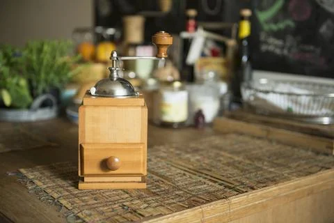 Coffee grinder on table in kitchen, Munich, Bavaria, Germany Stock Photos