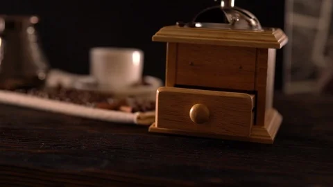 Coffee grinder with white cup and silver pot Stock Footage 95201060