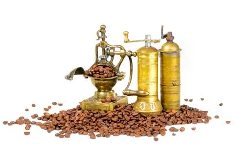 Coffee Grinders With Beans on White Stock Photos