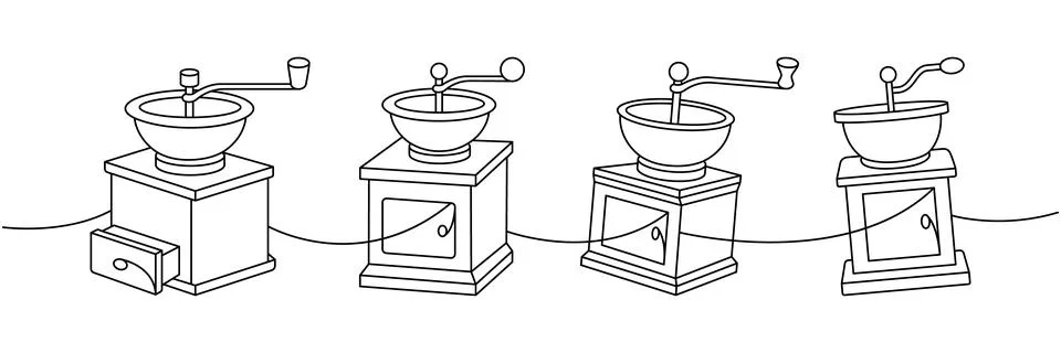 Coffee grinders one line continuous drawing. Hand drawn elements for cafe menu Illustrazione stock