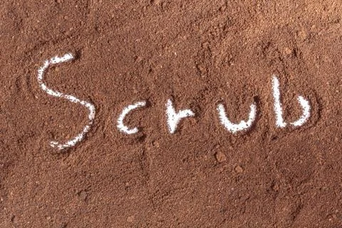Coffee ground with scrub text on Stock Photos