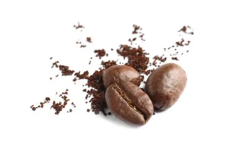 Coffee grounds and roasted beans on white background 스톡 사진