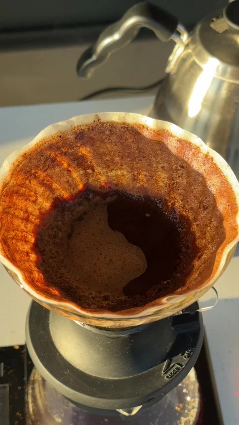 Coffee grounds illuminated by warm sunlight during the pour-over brewing process Stock Footage 297373603