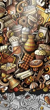 Coffee hand drawn doodle banner. Cartoon detailed flyer. Stock Illustration