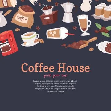Coffee house banner, poster vector illustration with cartoon cappuccino, cups Stock Illustration