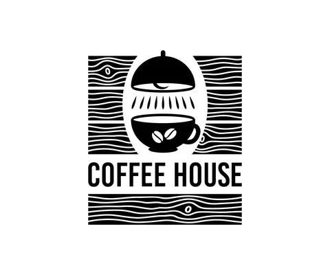 Coffee house, cup, ceiling light and vintage wooden boards, logo design Stock Illustration