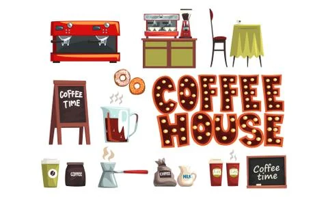 Coffee House Set, Cafe Interior Elements and Professional Equipment Cartoon Illustrazione stock