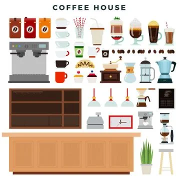 Coffee house, set of elements. Coffee shop interior, equipment, different types Illustrazione stock