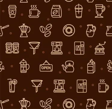 Coffee House Signs Seamless Pattern Background on a Brown. Vector 스톡 일러스트