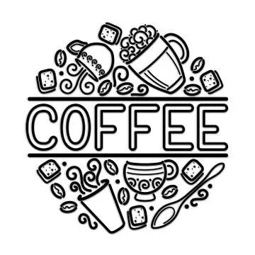 Coffee House Singboard Template with Cups, Swirl Hot Steam, Graines and Sugar Illustrazione stock