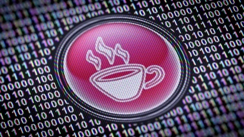 Coffee icon. Binary code ( array of bits ) in the screen. Looping footage Video stock 110621100