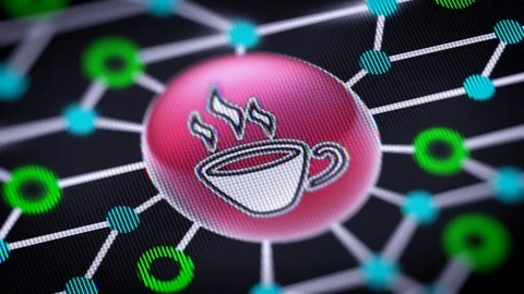 The coffee icon. Circuit board in the screen. Looping footage with codec Prores  Video stock 109063686