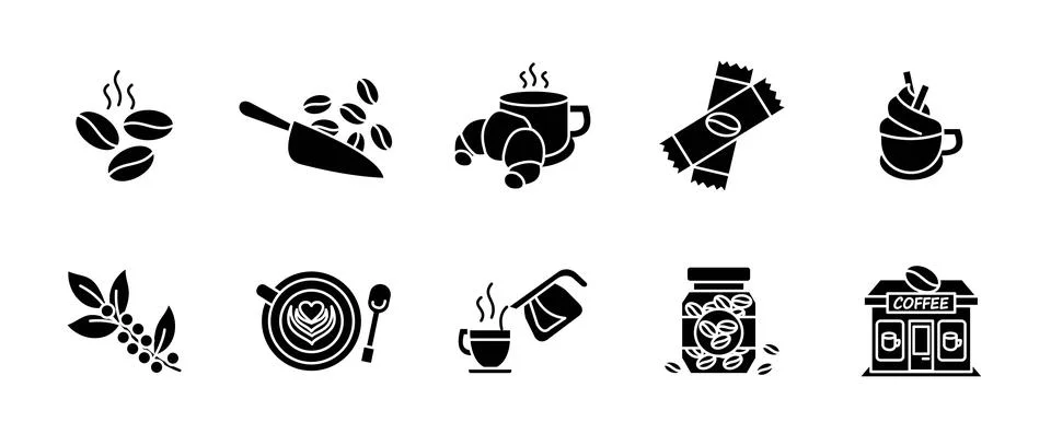 Coffee icon set black. Cafe, hot beverage brewing and caffeine symbols coll.. 스톡 일러스트