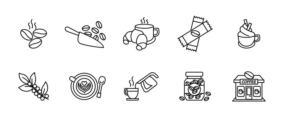 Coffee icon set. Cafe, hot beverage brewing and caffeine symbols collection.. Stock Illustration