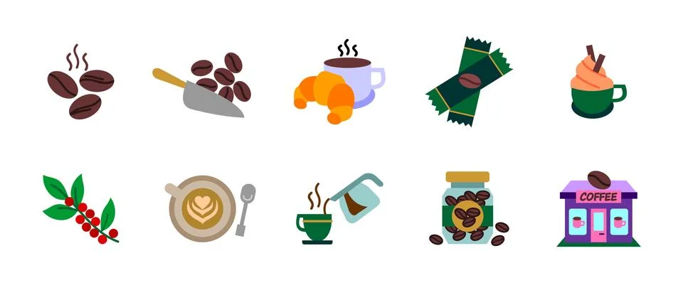 Coffee icon set colored. Cafe, hot beverage brewing and caffeine symbols co.. 스톡 일러스트