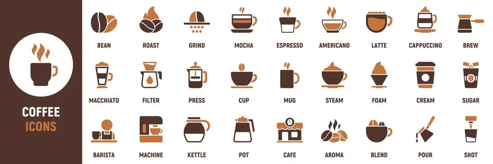 Coffee icon set. Containing bean, roast, brew Stock Illustration