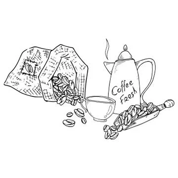 Coffee icon set. Vector illustration of a coffee pot teapot, cup of coffee, c Stock Illustration