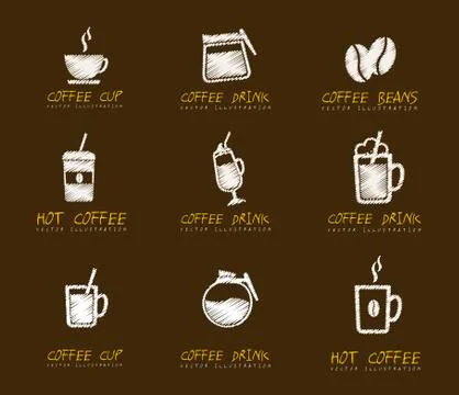 Coffee icons   over bbrown background, drawing. vector Illustrazione stock