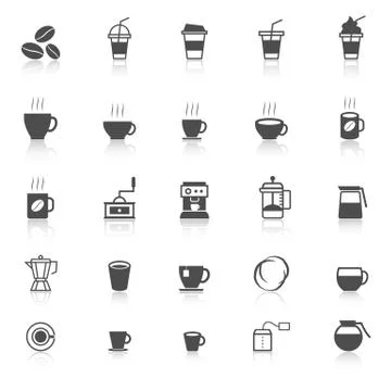 Coffee icons with reflect on white background Stock Illustration