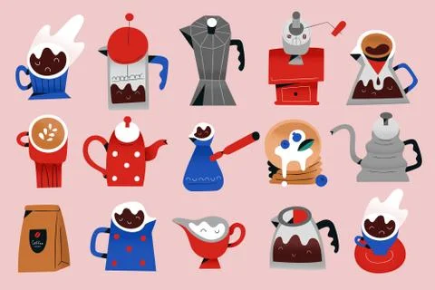Coffee icons set, vector illustrations of utensils and tools for brewing and Stock Illustration