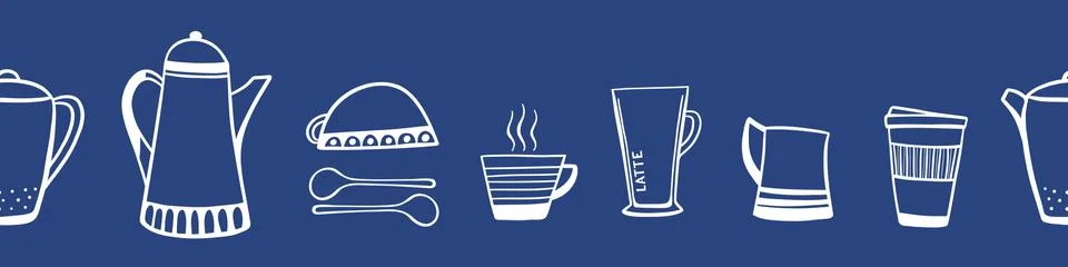 Coffee illustration border pattern design. Outline seamless repeat vector banner Stock Illustration