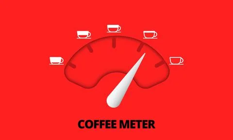 Coffee indicator, scale and arrow with white coffee cup on red background. Co Illustrazione stock