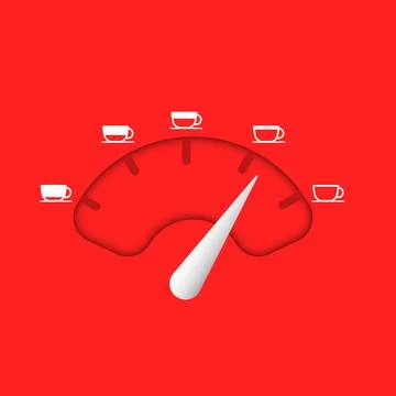 Coffee indicator, scale and arrow with white coffee cup on red background. Co Stock Illustration