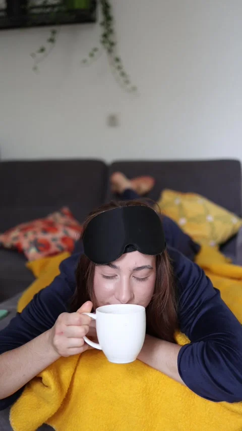 Coffee instantly improves her morning mood Video stock 340087215