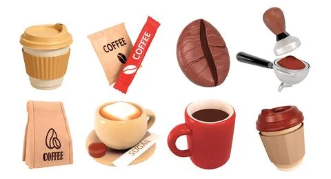 Coffee isolated 3D vector icon render illustration set Illustrazione stock