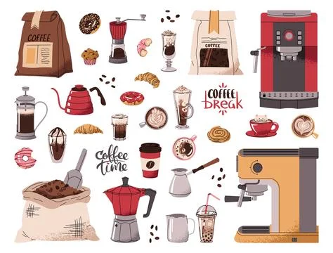 Coffee items set. Elements of coffeeshop. Coffee machines, beans grinder, cof Illustrazione stock