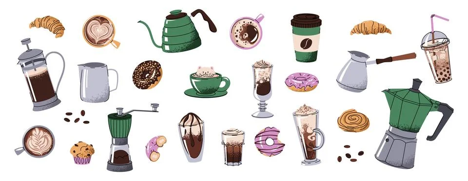 Coffee items set. Elements of coffeeshop. Teapot, coffee pot. Various coffe.. Stock Illustration