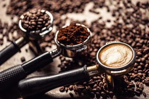 Coffee in its various forms from raw beans to ground coffee and cappuccino .. 스톡 사진