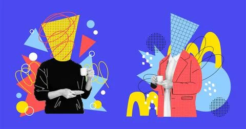 Coffee key visual. Halftone collage with comic doodle geometric element. Mode Stock-Illustration