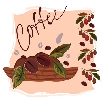 Coffee label background with branches of coffee tree in basket, flat vector. Stock Illustration