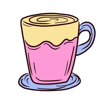 Coffee latte in cup in flat design. Hot cappuccino with milk art in pink mu.. Stock Illustration