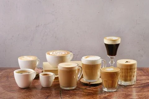 Coffee latte set with various topping and decor 库存照片