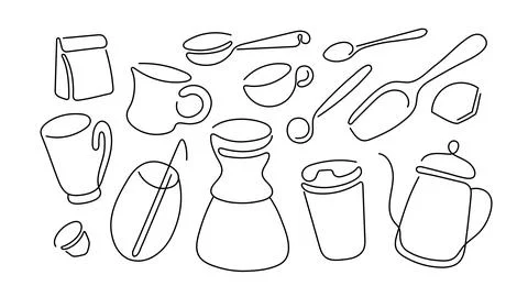 Coffee linear set Abstract cups, glass and takeout Illustrazione stock