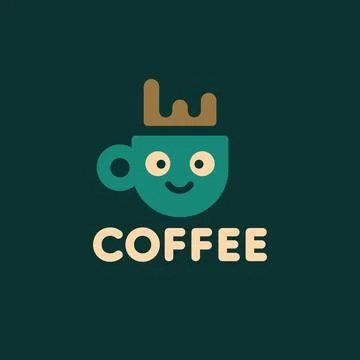 Coffee logo. Funny coffee cup with happy face line logo icon vector for cafe and Stock Illustration