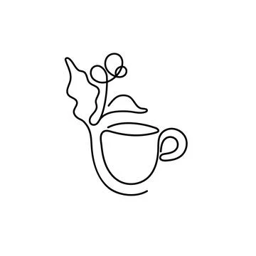 Coffee logo. Vector art line cup and twig Minimal Illustrazione stock