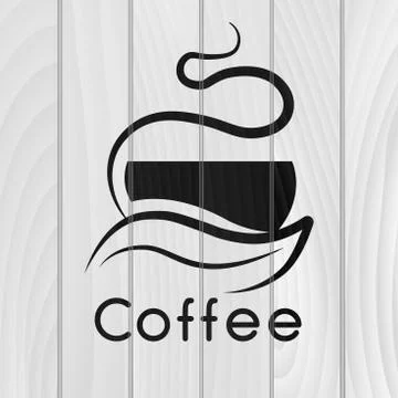 Coffee logotype. Stylized coffee cup icon on wooden background. Vector Stock Illustration