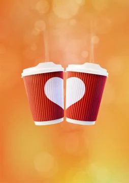 Coffee Love Poster Template. Two Red Ripple Cups with a White Heart on an Orange Stock Illustration