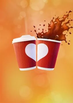 Coffee Love Poster Template. Two Red Ripple Cups with a White Heart and Splash Stock Illustration