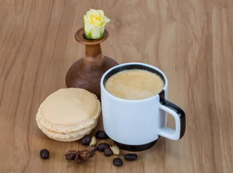 Coffee with macaroons and rose Stock Photos