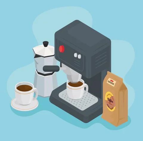 Coffee machine and bag with cups drinks icons Stock Illustration
