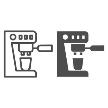 Coffee machine and cup line and solid icon. Kitchenware for making hot drink Stock Illustration