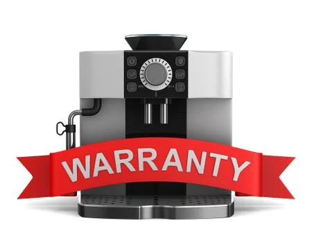 Coffee machine and red ribbon with text warranty on white background. Isolate Stock Illustration