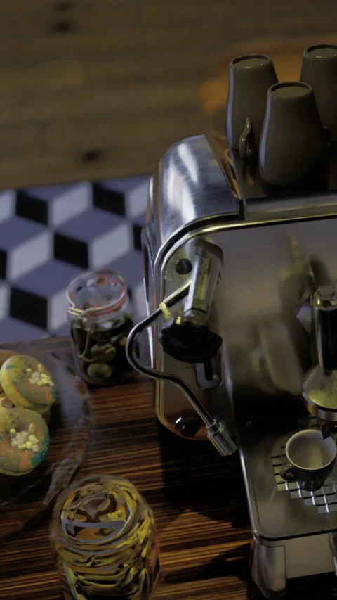 Coffee machine and snacks on table in a cafe during the day Stock Footage 331634273