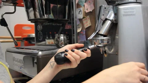 Coffee machine and the young woman's Barista Stock Footage 54751941