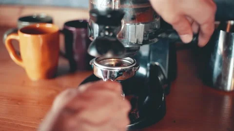 Coffee machine. Barista make coffee latte art with espresso machine in cafe vint Stock Footage 133904572