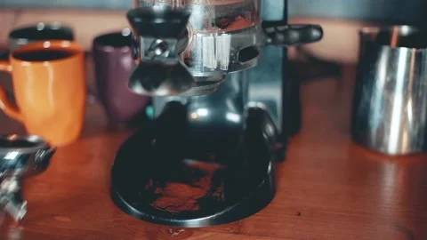 Coffee machine. Barista make coffee latte art with espresso machine in cafe vint Stock Footage 133904651